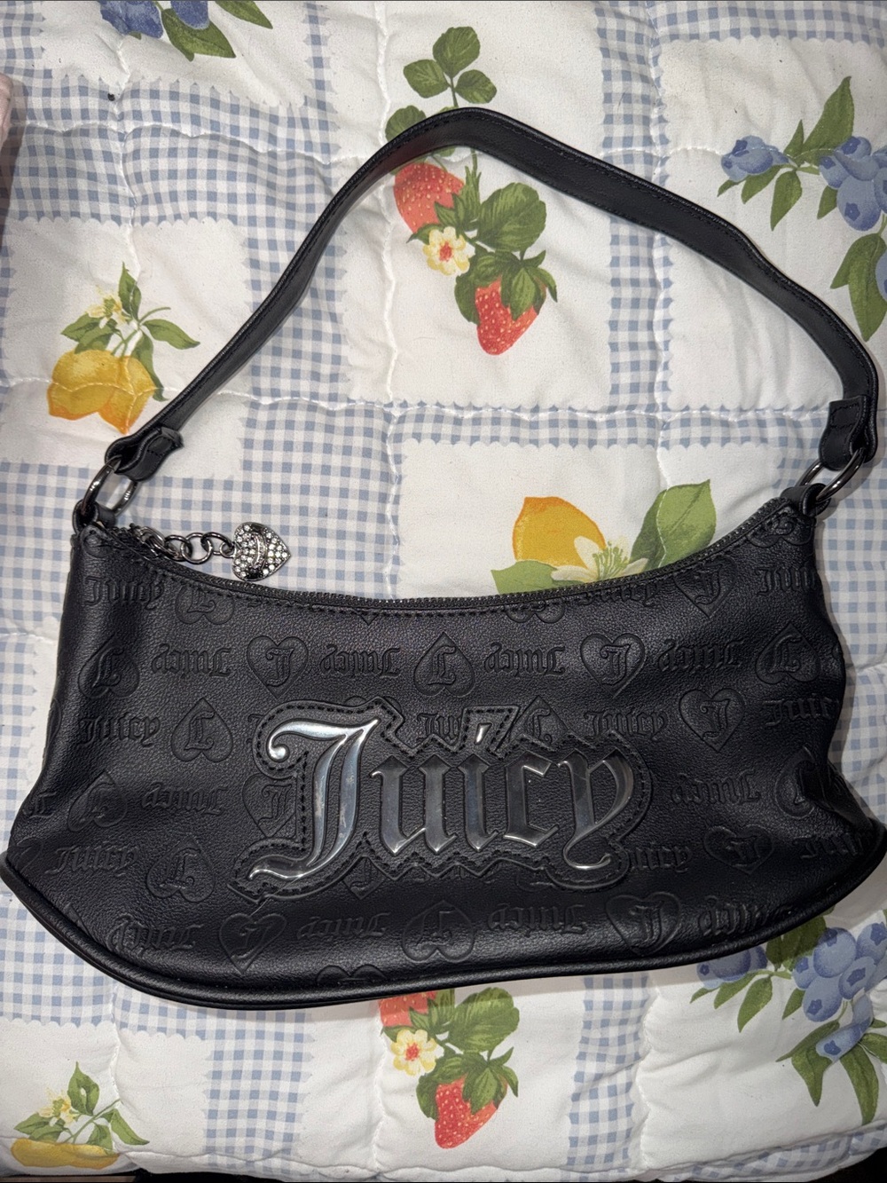 Juicy Couture Black Embossed Logo Shoulder Bag with Heart Charm